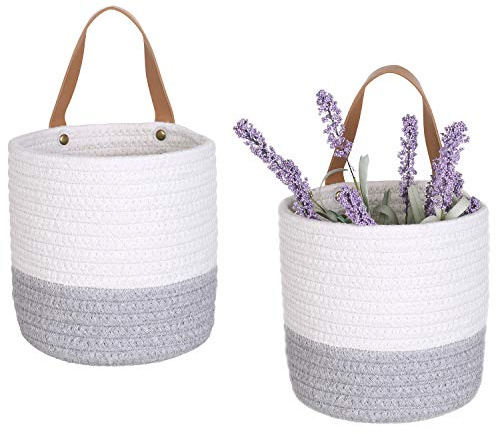 2pack Small Hanging Basket-Cotton Rope Wall Basket with Handle, Hanging Storage Baskets, Shelf Baskets Storage Bin Closet Organizer 6×6.3, Woven Plant Basket - (White & Grey)
