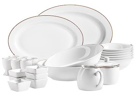 MÄSER 931735 Serie Professional Dining - Juego de cuencos para cereales, hueveras, cuencos, azucareros, leche, cuencos para salsas y platos para servir, 24 piezas, color blanco con borde dorado,