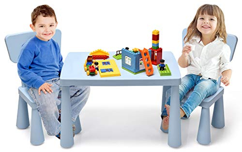 COSTWAY Grupo de Asientos Muebles para Niños, Mesa y Sillas Infantiles, Juego de 1 Mesa y 2 Sillas de Plástico para Cuarto de los Niños Sala de Estar (Azul)