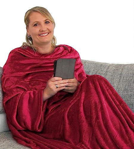 L.E.M.B. Hometrends Kuscheldecke mit Ärmeln TV Decke Sofadecke Ärmeldecke Wohndecke Fleecedecke Mikrofaser Strokkur 150 x 180 cm Bordeaux