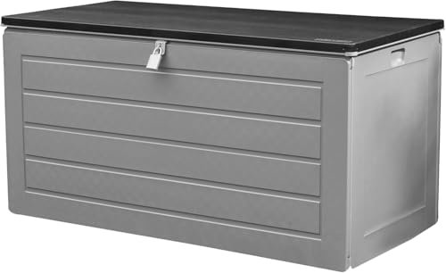 Olsen & Smith 680L Large Garden Storage Box - Weather Resistant Heavy Duty Garden Box with Padlock & Wood Effect - Huge Capacity Outdoor Storage Chest for Tools, Cushions, Toys & More (Anthracite)