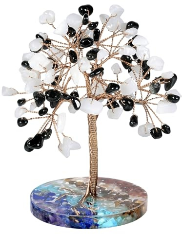 Nupuyai Chakra Edelstein Baum Kristall Lebensbaum Figur Feng Shui Wohn Deko | Weiße Jade&Obsidian Baum mit 7 Chakra Harzbasis, Feng Shui Geldbaum, Heilstein Baum Figur Deko für Zuhause Büro