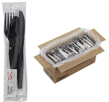 100 Plastic Cutlery Packets - Knife Fork Spoon Napkin Salt Pepper Sets | Black Silverware Sets Individually Wrapped Cutlery Kits, Bulk Plastic Utensil Cutlery Set Disposable To Go Silverware
