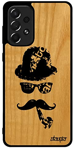 Coque Bois Silicone A73 Moustache Design Monsieur Homme Vintage Mobile Noir Pipe Chapeau Melon Art Portable Telephone pour Samsung Galaxy