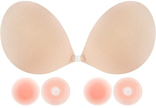 Memoryee Women's Strapless Bra Push Up Adhesive Silicone Invisible Backless Bra with 4pcs Reusable Bra Cups Nipple Covers for A-G Cup Large/#2 Beige/B