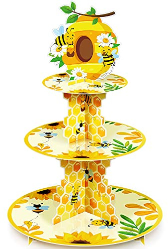 Tiamon 3 Tier Bee Paper Cupcake Stand Holder Sunflower Party Dessert Round Tower Yellow Sturdy Cupcake Pastry Stand for Kids Birthday Baby Shower Decorations Bee Theme Party Supplies