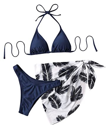 GORGLITTER Bikini med kjol, damset, 3 delar, triangelbikiniset, halterneck, baddräkt, bikini med palm, Marinblå, S