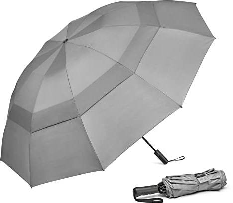 G4Free 152 cm stort golfparaply kompakt omvänt reseparaply 10 spröt vindtätt för regn dubbel baldakin automatisk öppning (grå)