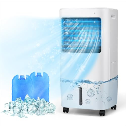 RELAX4LIFE Luftkühler, 3 in 1 Mobiles Klimagerät, 20L Wassertank/4 Geschwindigkeiten/7,5H Timer, Luftkühler & Ventilator & Luftentfeuchter, Air Cooler mit Rollen/Fernbedienung/2 Kühlakkus