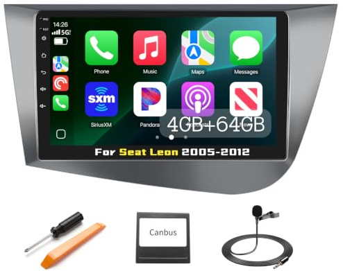 Podofo Autoradio per Seat Leon MK2 2005-2012,Android 2G+64G Carplay Android Auto Hifi,9 Touchscreen GPS Wifi Bluetooth FM RDS Radio USB Auto-Stereo-Player Navi per Seat Leon +Canbus
