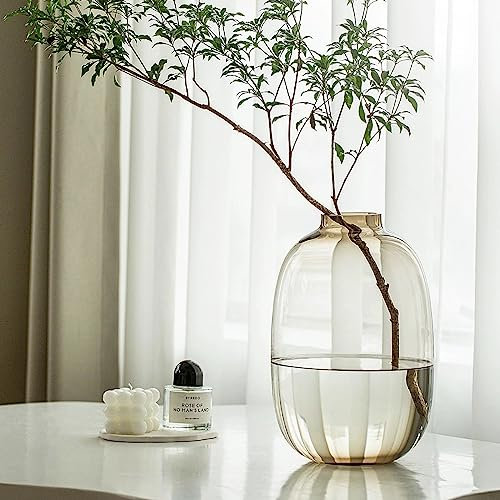 GeLive Vase Rond en Verre Marron Transparent pour Centre de Table, Branche à Longue Tige, Plante Artificielle fraîche, Bouteille de Plantes artificielles, décoration d'intérieur Moderne (Marron)