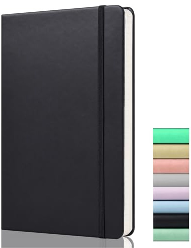 Pappersanteckningsbok A5 – tom anteckningsbok, enkel – 120 gsm tjockt papper, 180 sidor, olinjerad anteckningsbok med bakficka, elastisk bandad, 2 markeringsband, premium inbunden vanlig