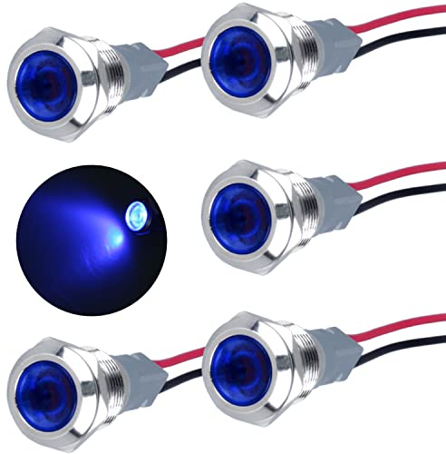 DMWD 5 Pcs 12mm 110V-220VAC Metal LED Indicator Light Mounting Hole 1/2 20mA Energy Saving Signal lamp Waterproof IP67 with Wire for Machine Tools Household appliances etc.(12mm Blue)