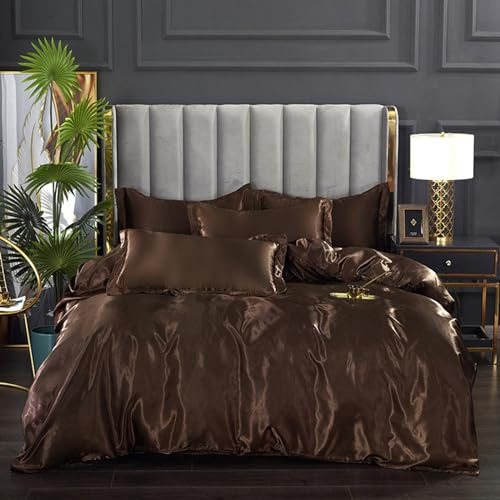 ENEN Satin Soie Parure de Lit 4 Pièces Adulte, Couleur Pure Housse de Couette avec 2 Taies d'oreiller + Drap Housse, Douceur de Ensembles Literie (200x230+180cm,Café foncé)