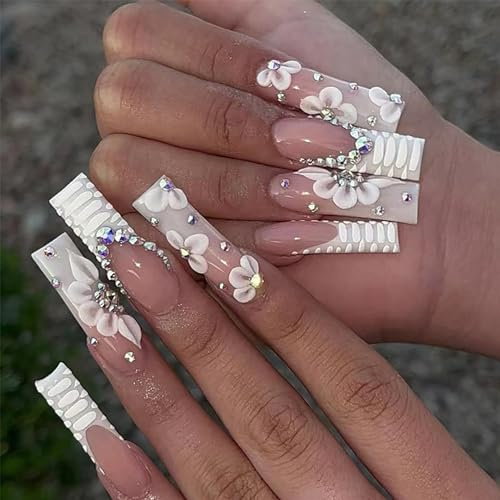 24pcs Extra Long Square French White Tip Press on Nails With Rhinestone Flower - Removable Glue-on Full Cover Fake Nails for Women - Bridal Nail Art Accessories