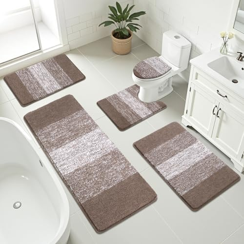 Bsmathom Badezimmerteppich-Set, 5-teilig, Plüsch-Mikrofaser-Badematte, kaffeefarben | Extra wasserabsorbierender, rutschfester, waschbarer Läufer mit WC-Deckelbezug und U-förmiger WC-Vorleger
