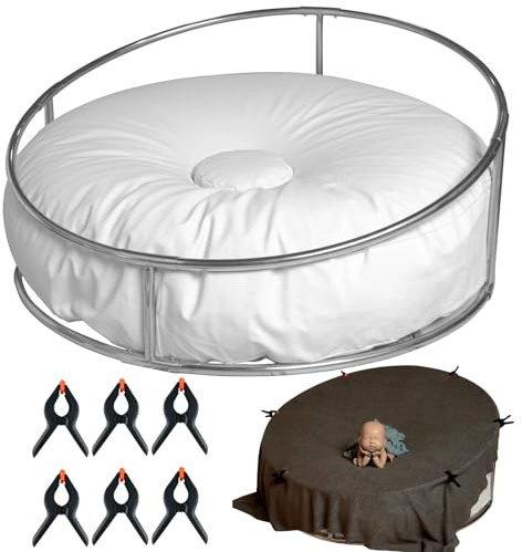 Newborn Posing Table and Beanbag(Unfilled) Round Newborn Photography Stand with 6 Clamps Baby Photoshoot Stand Backdrop Frame Infant Stainless Steel Background Station for Newborn Photo Sessions