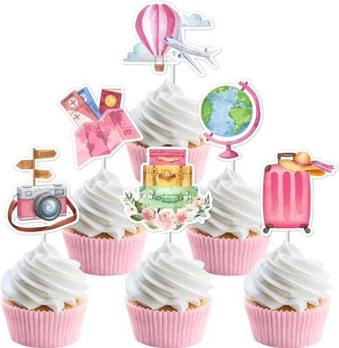 Kreatwow Travel Theme Cupcake Toppers 24pcs Pink Let the Adventure Begin Decorations Traveling Birthday Decorations Travel Around The World Cake Decor for Bon Voyage Adventure Birthday