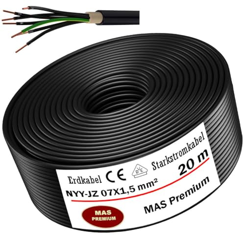 MAS Premium Erdkabel Starkstromkabel 5-100m NYY-JZ 7X1,5, 2,5 oder 4 Elektrokabel Ring zur Verlegung im Freien, Erdreich (NYY-JZ 7X1,5 mm², 20m)