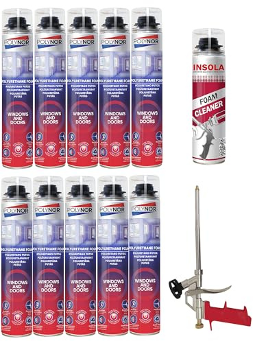 Mousse Expansive Pistolable 750 ml | Montage, Isolation et Calfeutrage, Lot 10 Mousses + 1 Pistolet + 1 Nettoyant
