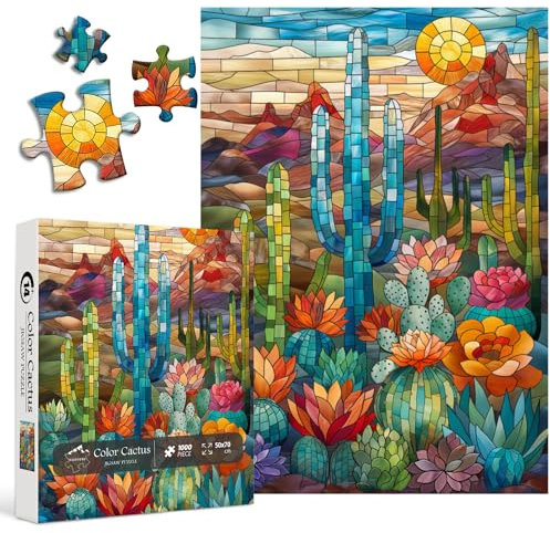 Cactus Puzzles for Adults 1000 Pieces and up, PICKFORU Stained Glass Puzzle Including Mosaic Art Cactus, Colorful Succulent Puzzles for Plant Lovers