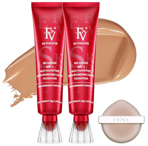FV 2 PCS Flüssige Foundation Wasserfester leichte Textur,Nourishing Toffee | Pflegende & Langanhaltende Foundation mit Mittlerer Deckkraft und Natürlichem Finish für Trockene Haut/Mischhaut, 30g