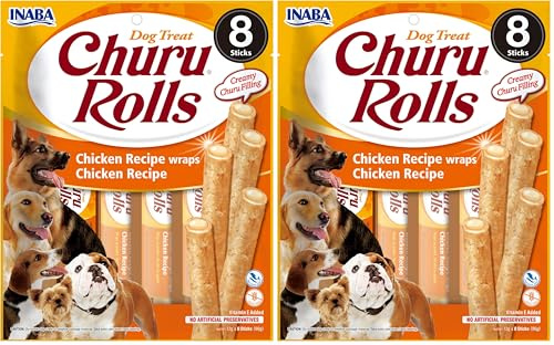 INABA Churu Bites Perros - Receta de Pollo - Palitos crujientes con Relleno cremoso, Aperitivo Delicioso y Saludable - Alimento con proteínas, sin colorantes ni conservantes - 96g (8x12g)