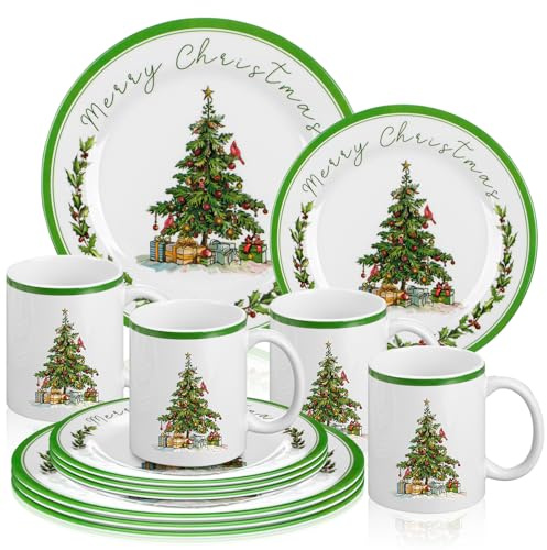 Teenyyou 12 Pcs Christmas Tree Dinnerware Set Service for 4 Include 10'' Melamine Dinner Plate and 8'' Dessert Plate Ceramic Mug for Xmas Party, Gift for Christmas