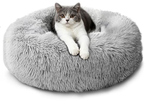 CALIYO Katzenbett Flauschig, Hundebett Kleine Hunde, Katzenkissen Hundekissen Waschbar, Trocknergeeignetes Katzen Bett, Hundebetten Rund Katzenkörbchen Durchmesser 50 cm(Hellgrau)