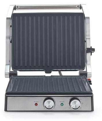 Salter Large Electric Health Grill – Ceramic Plates Open Flat for Extra Space, PFAS-Free, Stainless Steel Sandwich Toaster & Panini Press, Excess Oil Tray for Meat, Adjustable Temperature, 2000W