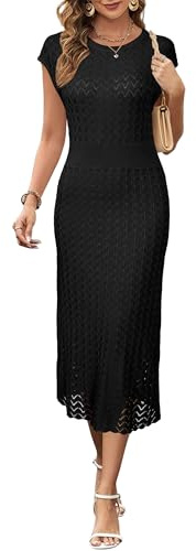 Newshows Summer Dresses for Women UK Hollow Knit Casual Work Business Elegant Ladies Midi Dress | Machine Washable Knit Sweater Fabric, Hollow Design, Bell Sleeve, Business Casual, Church Teacher Outfits, Modest Dress