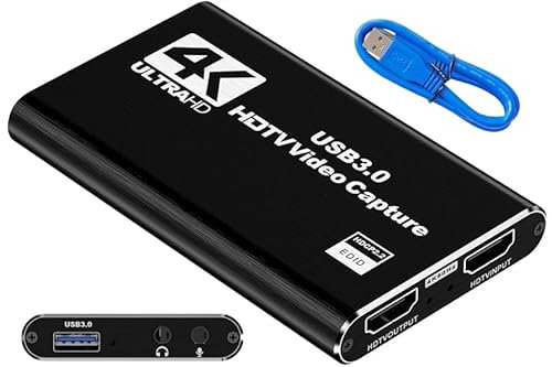 Juinteo 4K HDMI Audio Video Capture Card, Ultra HD, USB 3.0 High Speed Transmission, HDTV Input, HDMI Loop Output, Plug and Play, Microphone Input, Game Recording, Live Streaming