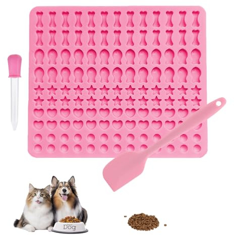 AYNKH 3 Stück Silikon-Backmatte Hundekekse in 1, insgesamt 130 Fächer, mit Silikonschaber und Pipette, rosa Haustier-Leckerli-Backform, Silikonmatte, für DIY Hundeleckerlis, Schokolade, Gelee,