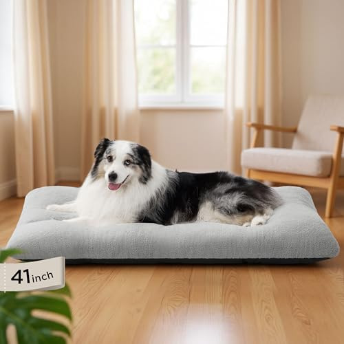 Bedsure Washable XL Dog Bed for Crate for Extra Large Dogs, Comfort Fluffy Plush Pet Pillow Bed Kennel Pad with Non-Slip Bottom, Machine Washable Pet Sleeping Mat, 41x27, Gray