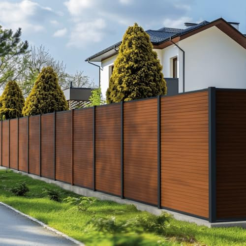 DECKLINEA Kit Clôture Bois Composite Teck 9x1,8m SANTOS - Poteaux en Aluminium Gris - Brise Vue - Palissade
