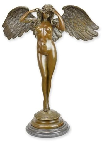 JS Garten Deko Bronzefigur 'Einbrechende Nacht' Frau Engel aus Bronze auf Sockel, Höhe 60 cm, Ausdrucksstarke Kunst