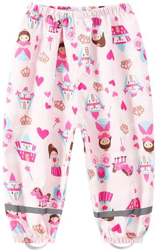 Fewlby Waterproof Trousers Kids, Rain Trousers Girls Wind and Mud Proof Pants with Reflective Strips Lightweight Cartoon Rain Wear for Outdoor Play, L Size 5-6 Years White