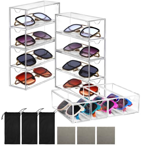 3 Boite a Lunette en Acrylique, SHAIDOJIO Transparent Rangement Lunette de Soleil avec 3 Chiffon Lunettes de Vue et 3 Pochette à Lunettes, 4 Tiroirs Rangement Lunettes Empilable-17.3*6.3*24.5cm