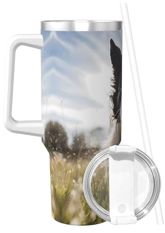 PHAYAH Tazza da caffè da viaggio in acciaio inox con manico e cannuccia e coperchio per sorseggiare Border Collie, da viaggio, adatta al portabicchieri dell'auto