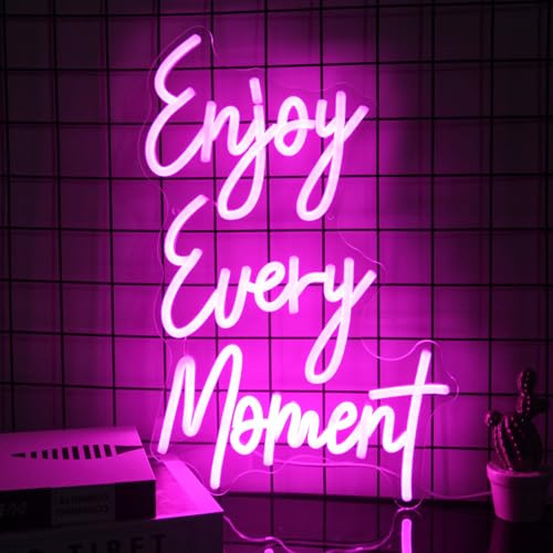 Enjoy Every Moment Neon Sign Pink Letters LED Light for Bedroom Bar Decor | Words Neon Light Up Sign, Dimmable Restaurant Neon Wall Sign, Bar Sign, USB Powered, Acrylic Wall Art, Salon Party Decor