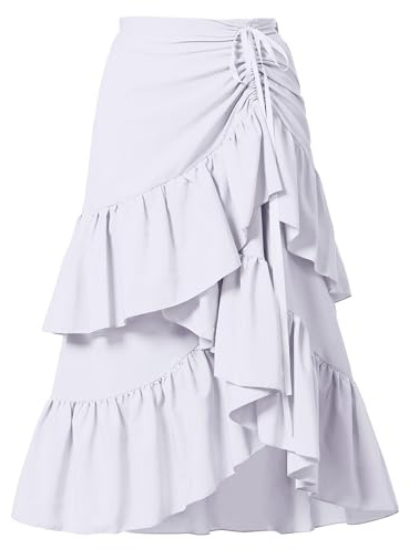 CAMDOM Kvinnors lager volang kjol hög låg asymmetrisk fåll midikjol dragsko midja en linje blommig sommarkjol, Vitt, XS/S