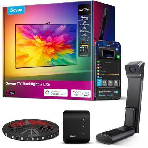 Govee TV Backlight 3 Lite with Fish-Eye Correction Function Sync to 32 Inch TVs, 1.8m RGBWIC Wi-Fi TV LED Backlight with Camera, 4 Colours in 1 Lamp Bead, Voice and APP Control, Adapter