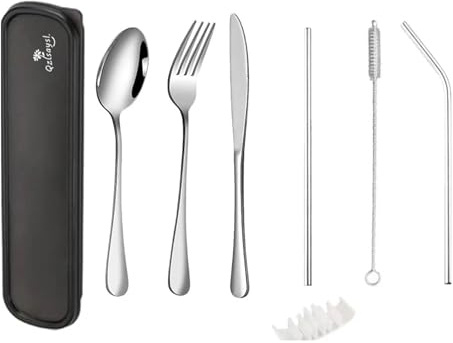 QZLSAYSL 8-teiliges Geschirr Edelstahl Reise Besteckset mit Aufbewahrungstasche, Camping Besteckset, Verstärkte Tasche mit Schnallenverschluss, Geeignet für Outdoor Camping, Reisen (Schwarz)