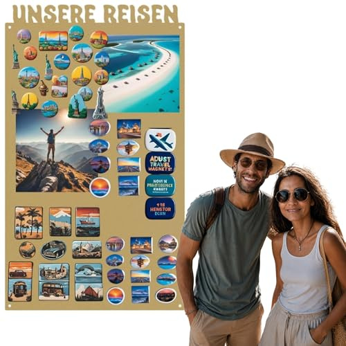 Anwicar Magnettafel Unsere Reisen Gold 50x85 cm | Magnetisches Stahlboard für Magnete, Fotos und Notizen, Beschreibbar, Montageset inklusive