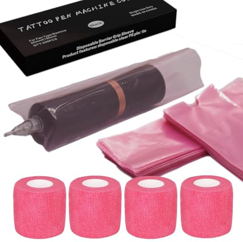 LEAYOKA Tattoo Machine Covers with Grip Tape Set of 200 Tattoo Pen Bags | Disposable Pen Cover and 4 Rolls Tattoos Grip Bandage Grip Cover Tattoo Pen Sleeves Combination Tattoos Supplies