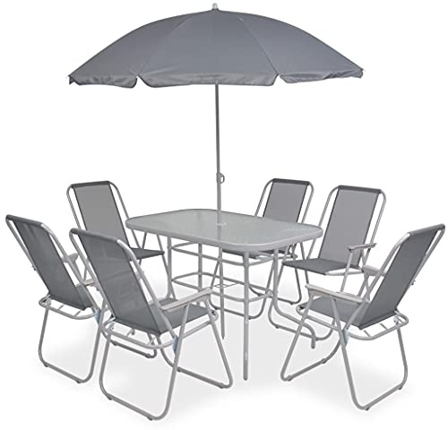 Holamys Salon de jardin 8 pièces en acier revêtu par pulvérisation, gris textilène, plateau en verre trempé, table empilable, avec parasol, résistant aux intempéries