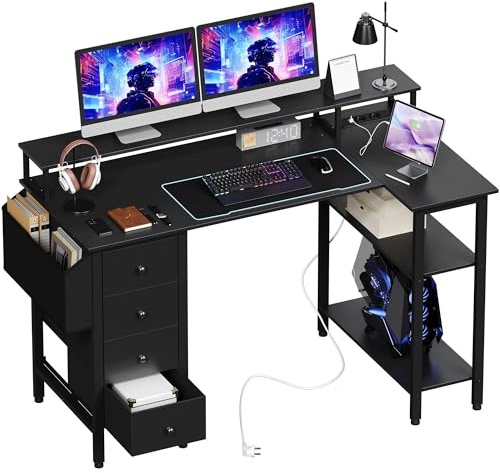 Yaheetech Escritorio L con 4 Cajones, 120x68cm Mesa Escritorio Gaming en L con Soporte para Monitor, 2 Enchufes y 2 Puertos USB, Escritorio Esquina Reversible Trabajo y Juegos, para Oficina, Negro