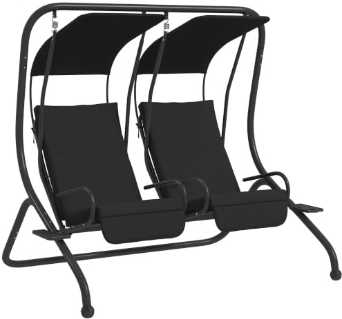 Outsunny 2 Seater Canopy Swing Chair, 2 Separate Chairs, Cup Holders, Black | Modern Garden Swing Seat, Outdoor Relax Chairs, Cushions, Steel Frame, Removable Shade Canopy
