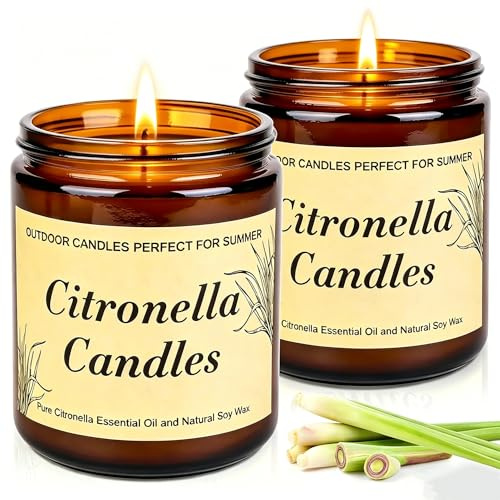 Velas Citronela Exterior, Vela de Citronela de 250 Horas, Velas Perfumadas de Citronella Set 2 Unidades, Velas de Citronella 100% Soja Natural, Larga Velas de Regalo para acampar, jardín,picnic,patio