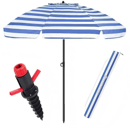 HOMEDEMO Sonnenschirm Strandschirm mit Tisch & verstärkter Bodenhülse, Ø180 cm Gartenschirm Marktschirm, 3er Set, Terrassenschirm mit Schutzhülle, Blau-Weiß Streifen rund Sonnenschutzschirm UV50+
